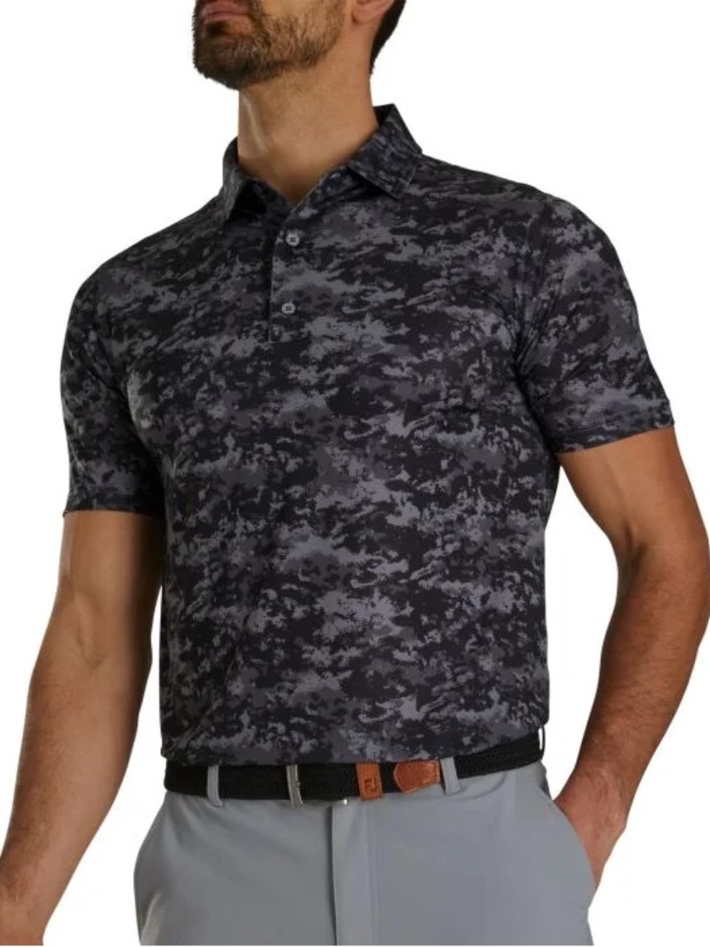 FootJoy Athletic Fit Lisle Cloud Camo Print Self Collar Golf Polo, Black – Large